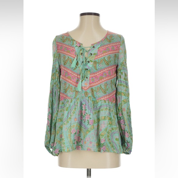 Spell Tops - NWT Spell City Lights Green and Pink Paisley Lace-Up Blouse